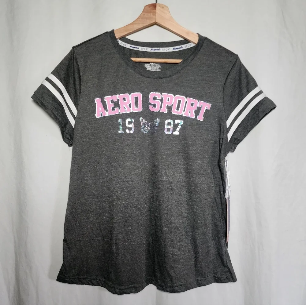 3 Tops Aeropostale Charcoal Tee with Pink and White Details